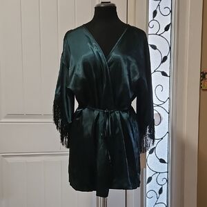 Linea Donatella Green Fringed Sleeve Silky Coverup Robe S